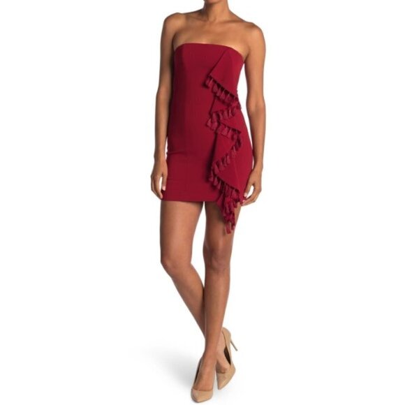 CINQ À SEPT 'Nat' Strapless Ruffle-Front Tassel-Trim Dress, Scarlet - Picture 1 of 2